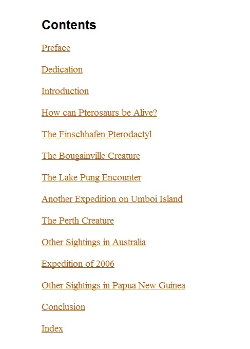 Table of Contents for "Live Pterosaurs in Australia and in Papua New Guinea"